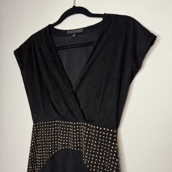 SHERI BODELL Embellished Studded Vneck Edgy Glam Suede Cocktail LBD Sheath Dress - Picture 2 of 8